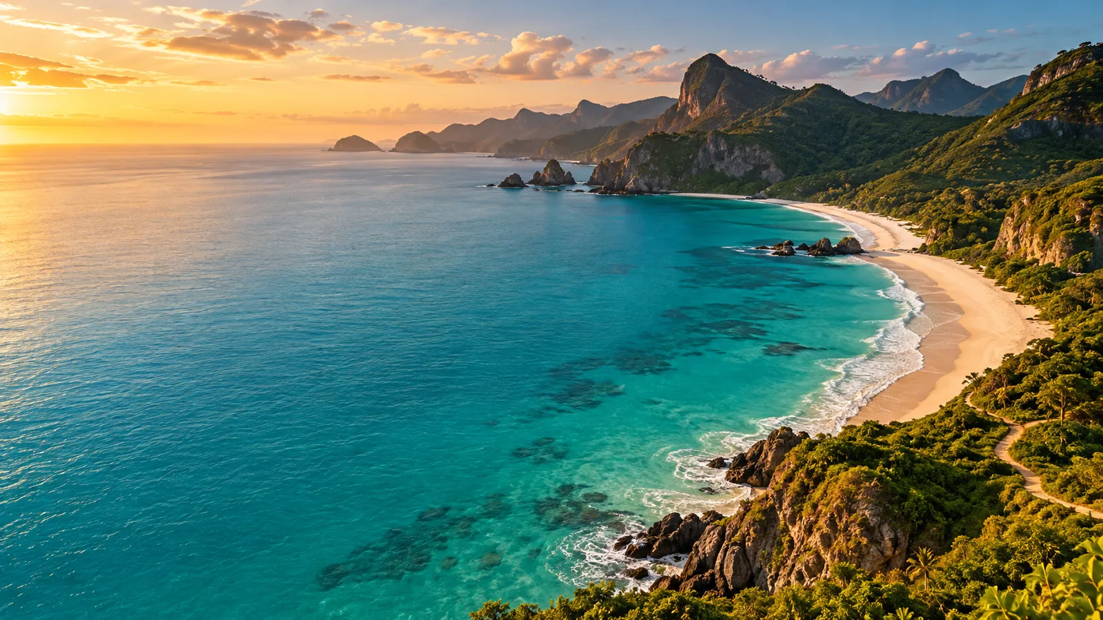Vista aérea de uma costa tropical com mar azul e vegetação